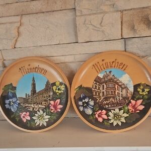 Vintage Set of 2 Munchen Round Wood Decorative Plates with Floral Design